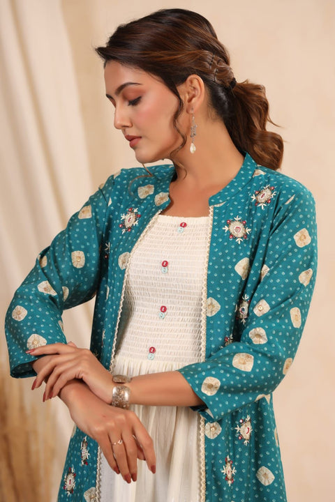 White and Peacock Blue Over Coat A-Line Kurti