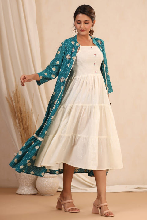 White and Peacock Blue Over Coat A-Line Kurti