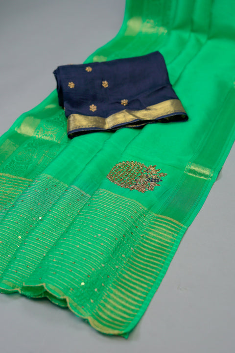 Green Embroidered Moonga Silk Saree