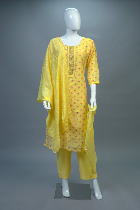 Yellow Chanderi Kurta, Pants and Dupatta set