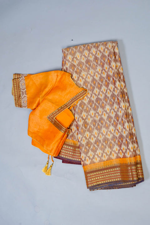 Brown and Yellow Tissue Saree