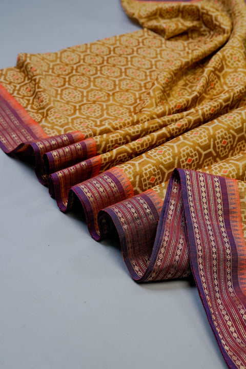 Golden and Orange Linen Saree