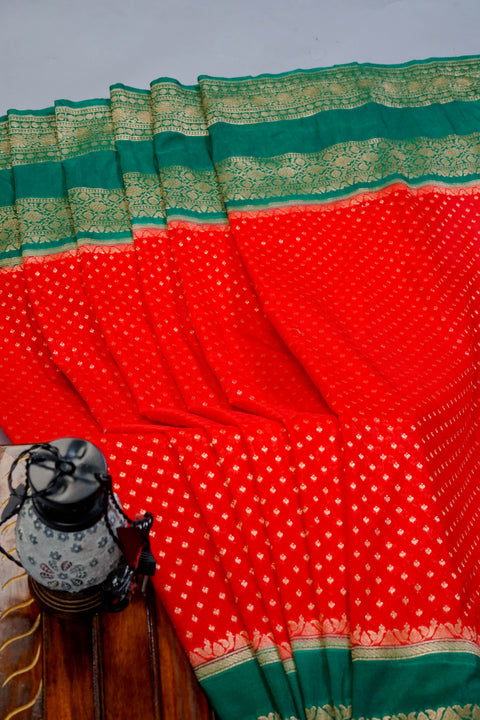 Red and Green Georgette Banaras Saree