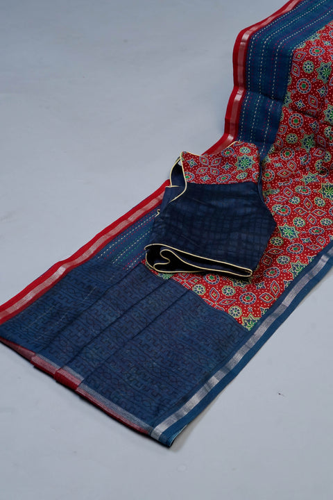 Red & Blue Chanderi Cotton Saree