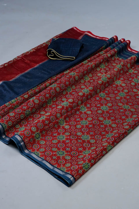 Red & Blue Chanderi Cotton Saree