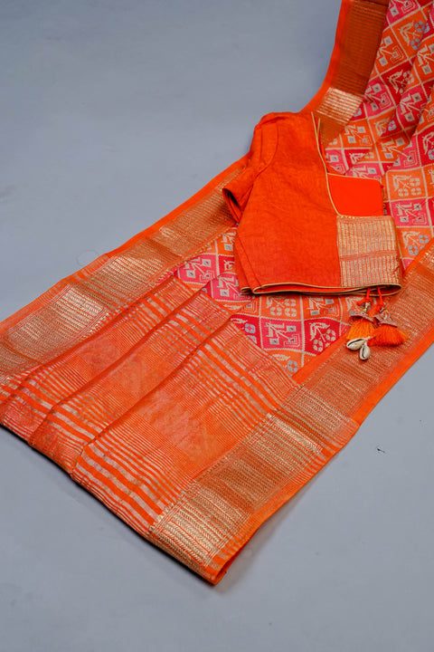 Orange and Red Chanderi Cotton Saree