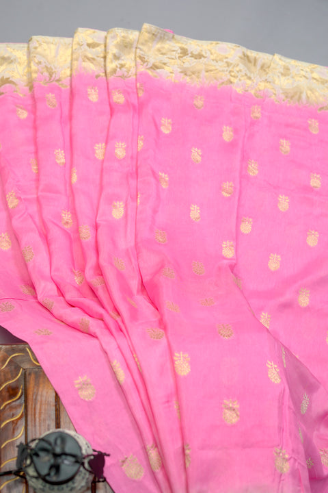 Baby Pink and White Moonga Silk Saree