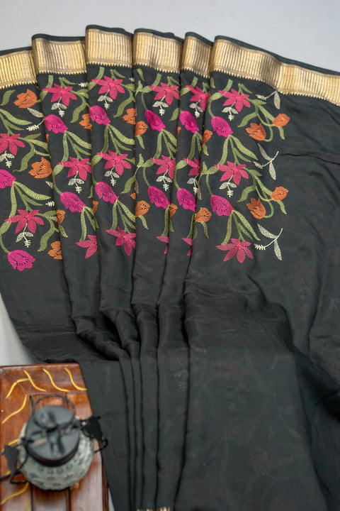 Black Embroidered Moonga Silk Saree
