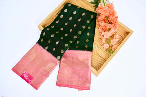 Green & Baby Pink Border Kanchipattu Saree