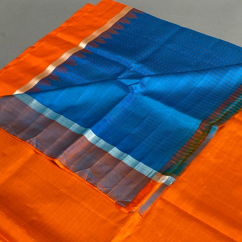 Gadwal Saree- Blue and Orange W/ Gold Zari (Attached Blouse Material)