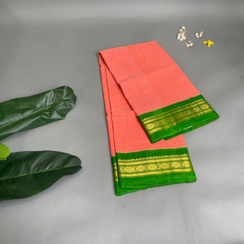 Gadwal Saree- Peach and Green  W/ Gold Zari (Attached Blouse Material)