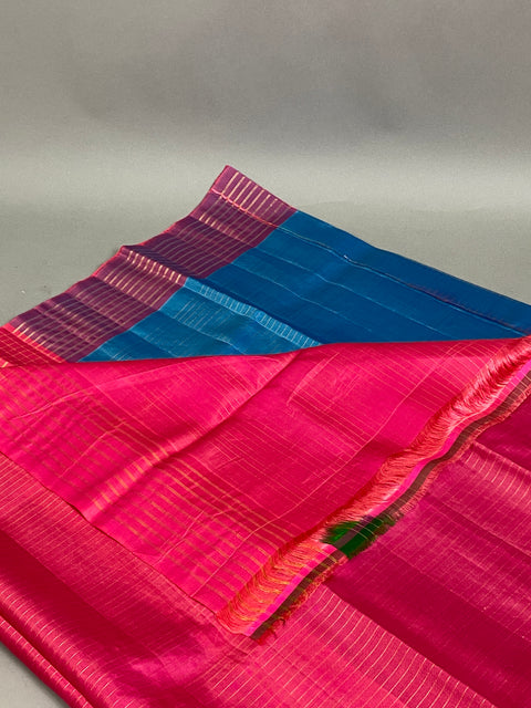 Gadwal Saree- Blue and Pink W/ Gold Zari (Attached Blouse Material)