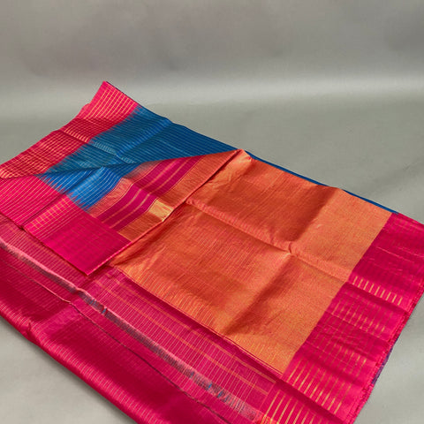 Gadwal Saree- Blue and Pink W/ Gold Zari (Attached Blouse Material)