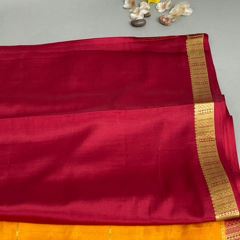 Mysore Silk Saree-  Mustard Yellow with over all Gold checks, and Maroon Thin Border (Attached Blouse Material)