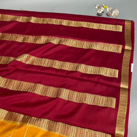 Mysore Silk Saree-  Mustard Yellow with over all Gold checks, and Maroon Thin Border (Attached Blouse Material)