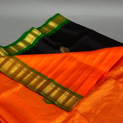 Gadwal Saree- Black, Green and Orange W/ Gold Zari (Attached Blouse Material)