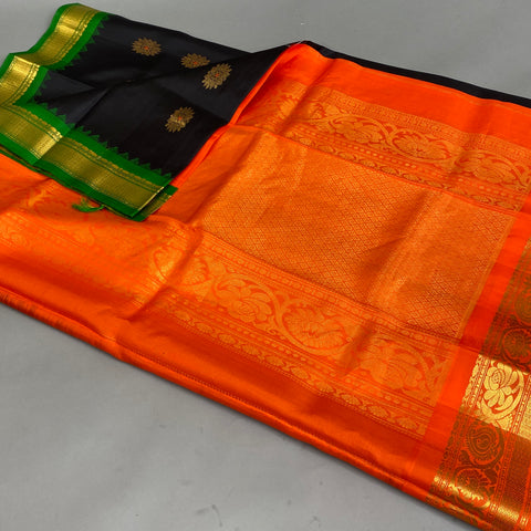 Gadwal Saree- Black, Green and Orange W/ Gold Zari (Attached Blouse Material)