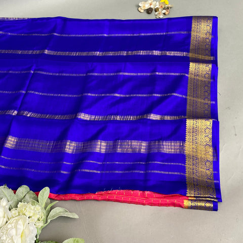 Mysore Silk Saree- Deep Peach with overall gold box checks and Contrast Blue w/ (Attached Blouse Piece)