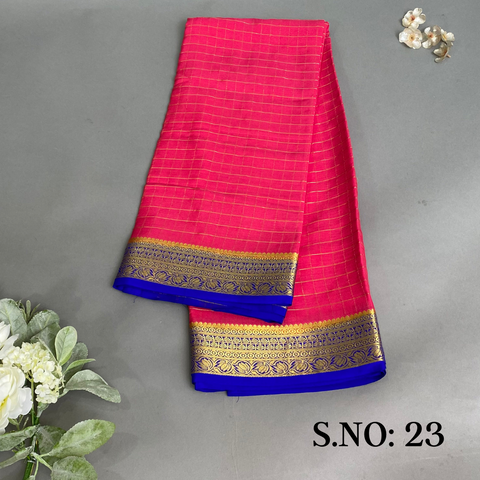 Mysore Silk Saree- Deep Peach with overall gold box checks and Contrast Blue w/ (Attached Blouse Piece)