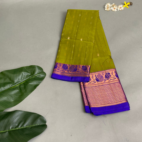Venkatgiri Saree- Olive green and Purple W/ Gold Zari (Attached Blouse Material)