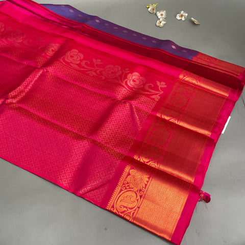 Venkatgiri Saree- Violet and Pink  W/ Gold and silver Zari (Attached Blouse Material)