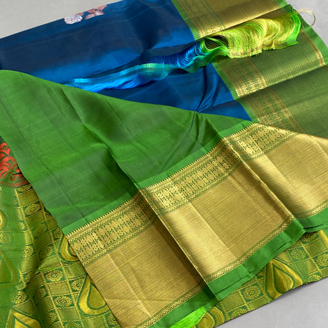 Venkatgiri Saree- Blue, and green W/ Gold Zari (Attached Blouse Material)