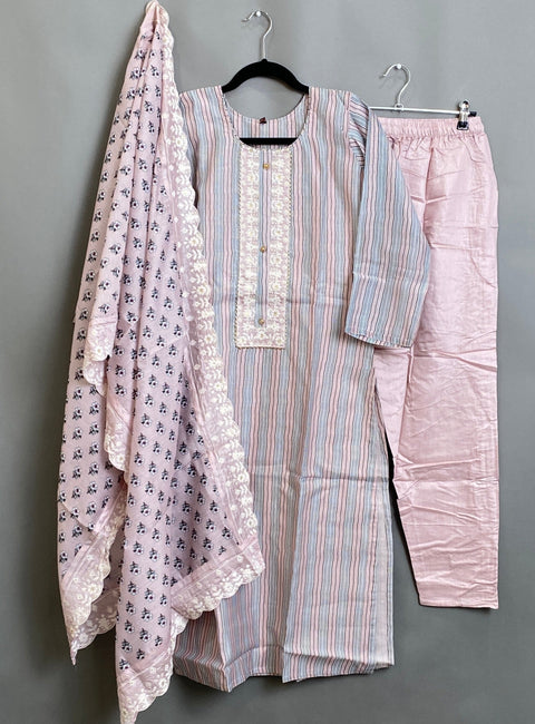 Pink Cotton Kurta, Pants & Dupatta set