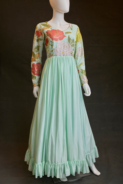 Mint Colored Georgette gown with multi-colored Floral design and sequence