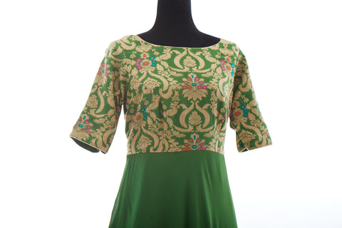 Green Brocade Gown With Contrast Bottom Frills