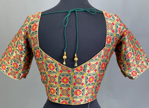 Green and Red Blouse with all over Brocade