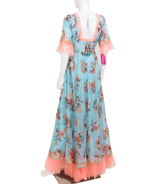 Blue Floral Gown With Cutwork