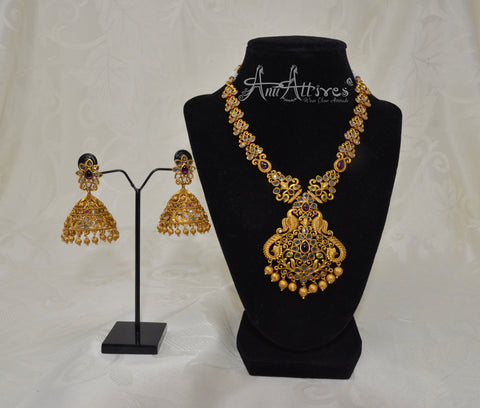 Peacock Matte Necklace Set with Matching Jhumkas