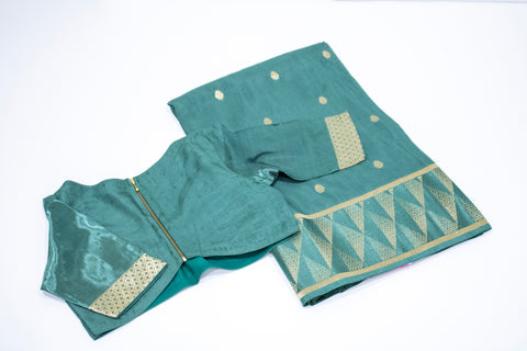 Teal Green with Gold Zari Border Dola Saree With blouse