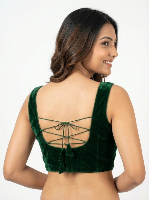 Green Velvet Sleeveless Readymade Blouse