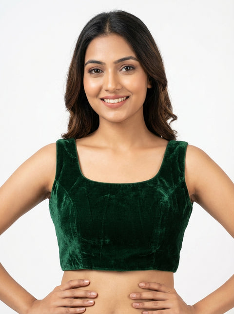 Green Velvet Sleeveless Readymade Blouse