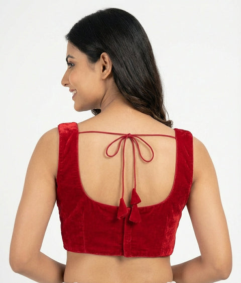 Red Velvet Sleeveless Readymade Blouse