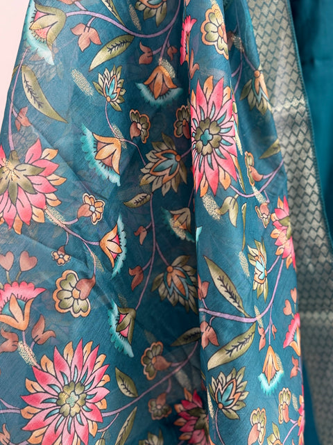 Blue Kurta, Pants and Dupatta Set