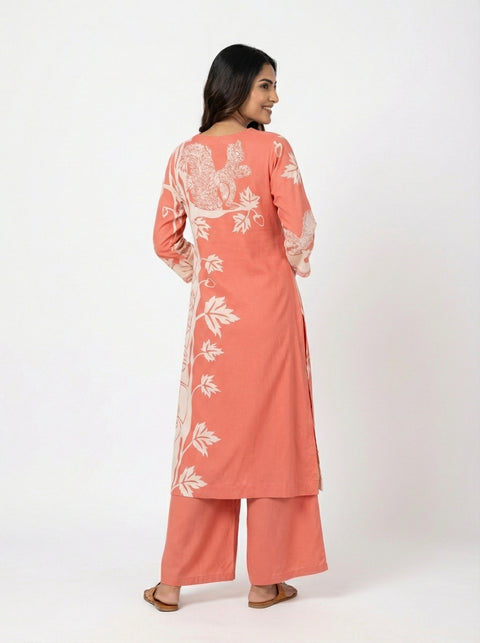 Light Orange Kurta & Pant Set in Rayon silk