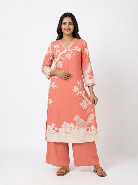 Light Orange Kurta & Pant Set in Rayon silk