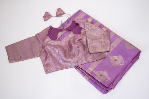 Purple Pure Chiniya Silk Saree with Gold Zari Motifs the broad zari border