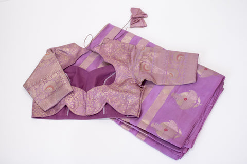 Purple Pure Chiniya Silk Saree with Gold Zari Motifs the broad zari border