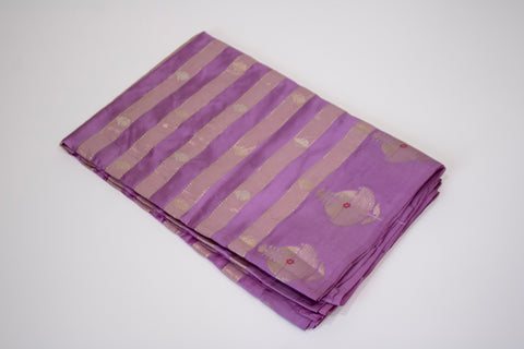 Purple Pure Chiniya Silk Saree with Gold Zari Motifs the broad zari border