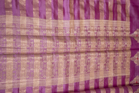 Purple Pure Chiniya Silk Saree with Gold Zari Motifs the broad zari border