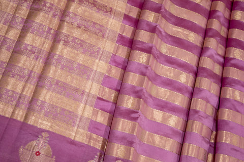 Purple Pure Chiniya Silk Saree with Gold Zari Motifs the broad zari border