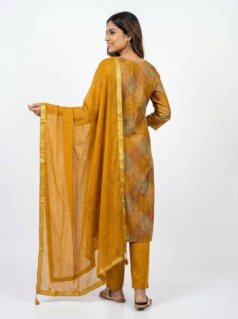 Mustard Multi Kurta, Pants and Dupatta Set