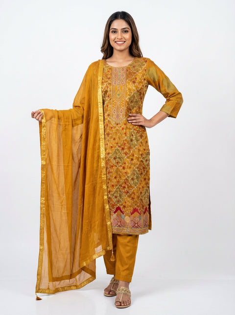 Mustard Multi Kurta, Pants and Dupatta Set