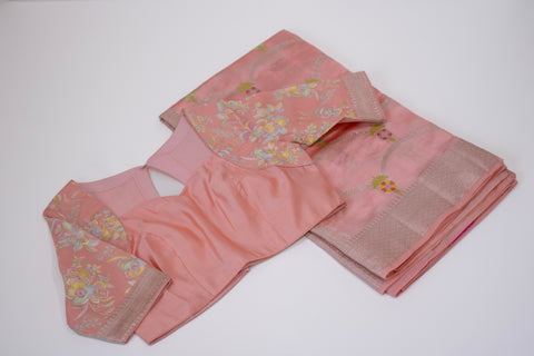 Peach Chiniya Silk Saree with Pastel Floral Motifs and Zari Border