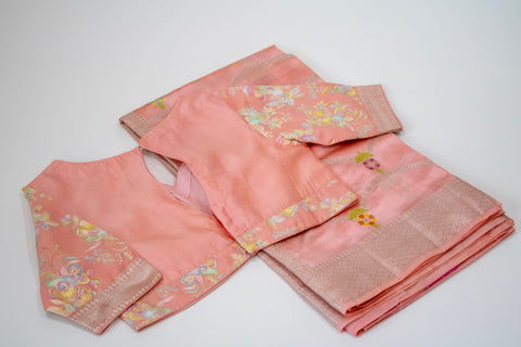 Peach Chiniya Silk Saree with Pastel Floral Motifs and Zari Border