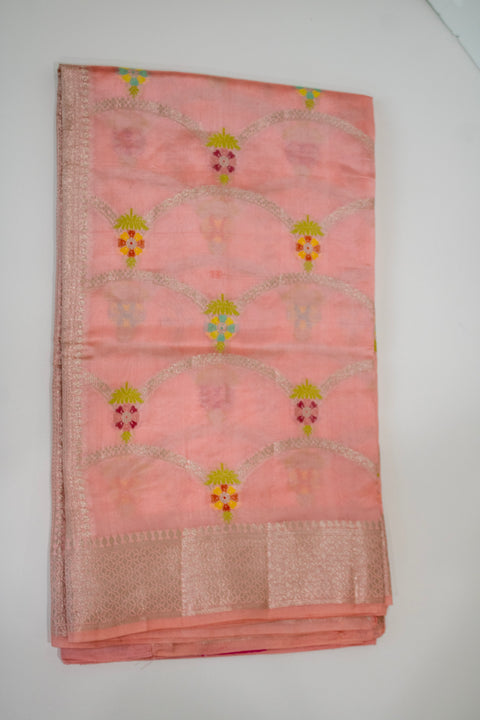 Peach Chiniya Silk Saree with Pastel Floral Motifs and Zari Border