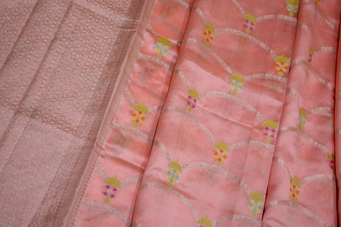 Peach Chiniya Silk Saree with Pastel Floral Motifs and Zari Border